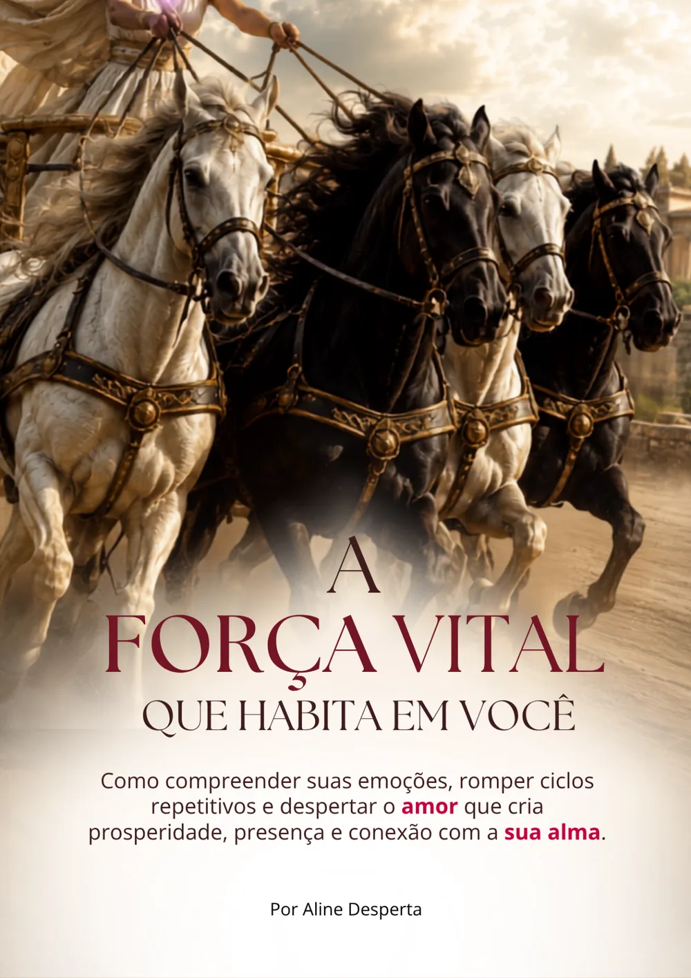 Capa do e-book A Força Vital que Habita em Você, de Aline Desperta, com ilustração de cavalos puxando uma carruagem em direção à luz