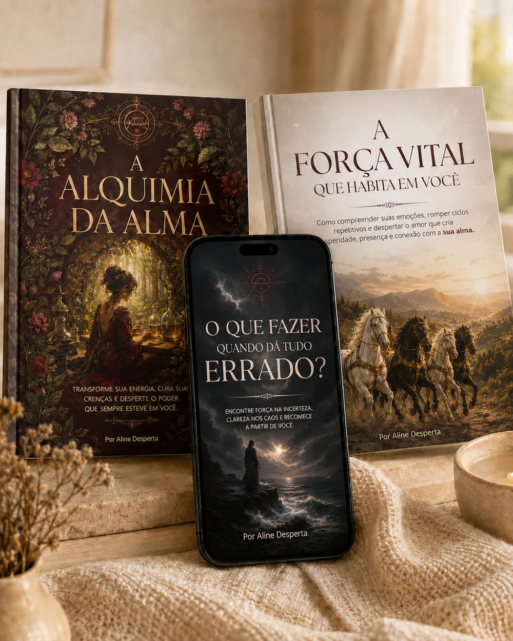 Exposição dos e-books de Aline Desperta: A Força Vital que Habita em Você, A Alquimia da Alma e O que Fazer Quando Dá Tudo Errado